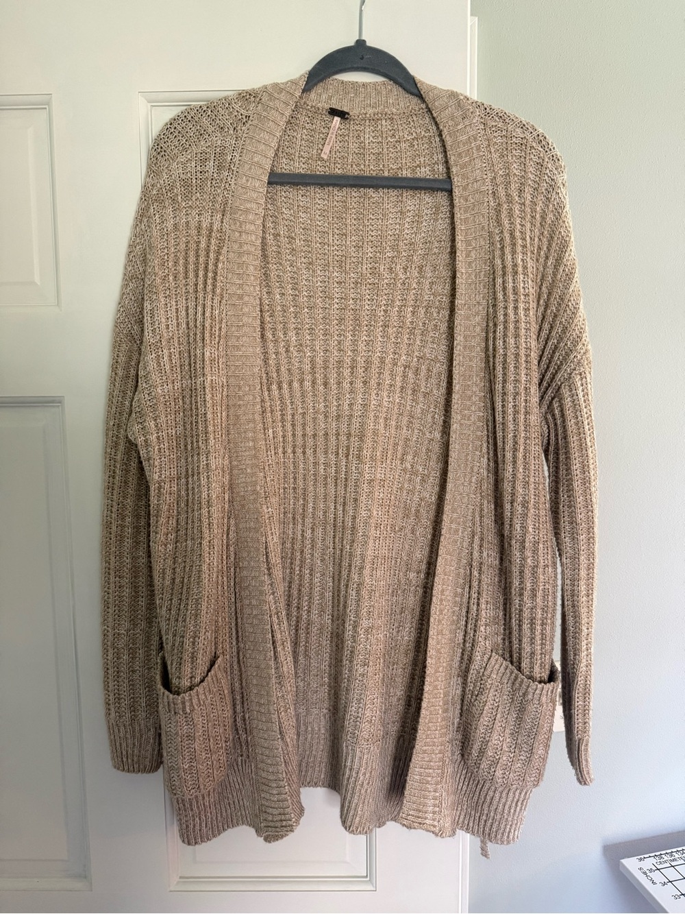 Poof! Beige Open-Front Ribbed Knit Cardigan